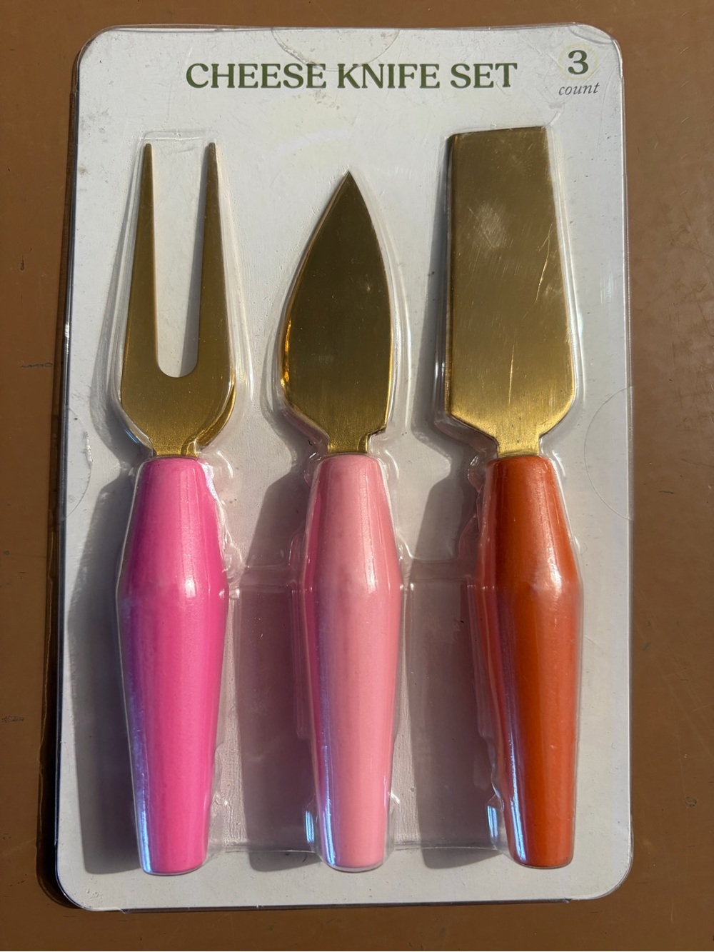 Gold-Tone Cheese Knife Set with Pink, Light Pink & Orange Handles